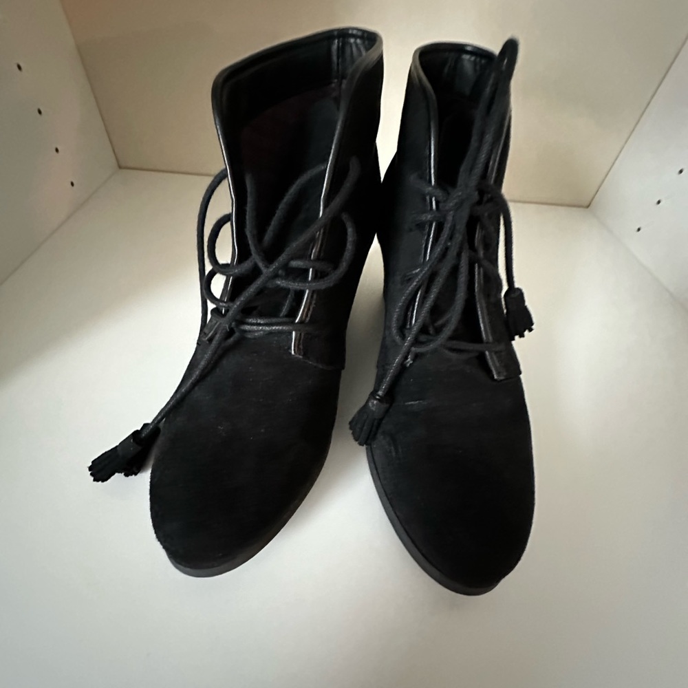 Black suede wedge lace up booties